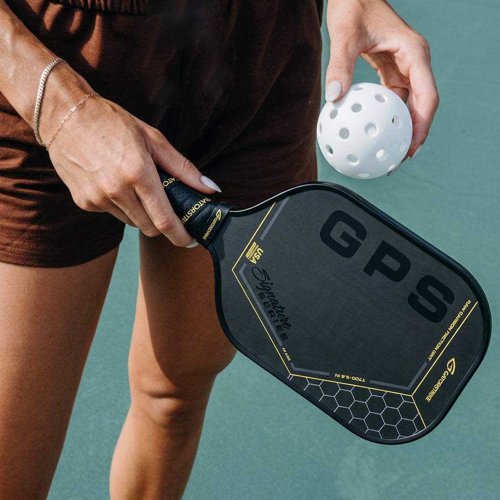 A person holds a black paddle and a white perforated ball on a green court, referencing the official pickleball rules.