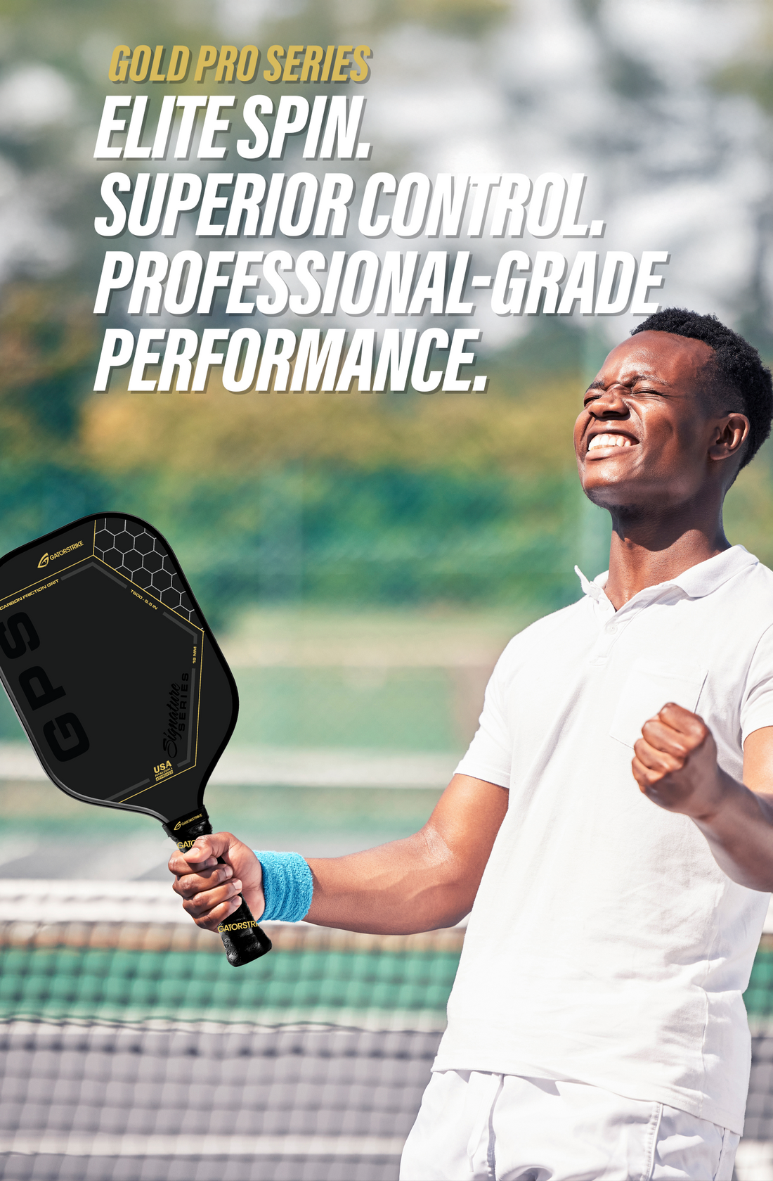 A smiling player in white holds a paddle, with bold text highlighting elite spin and GatorStrike pickleball manual performance.