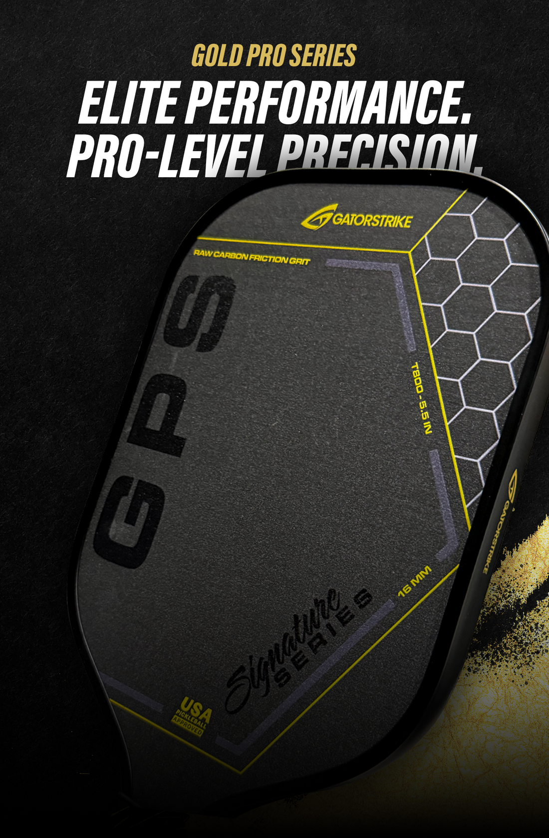 Black GatorStrike pickleball paddle with gold accents, GPS text, and slogan. Includes GatorStrike pickleball manual.