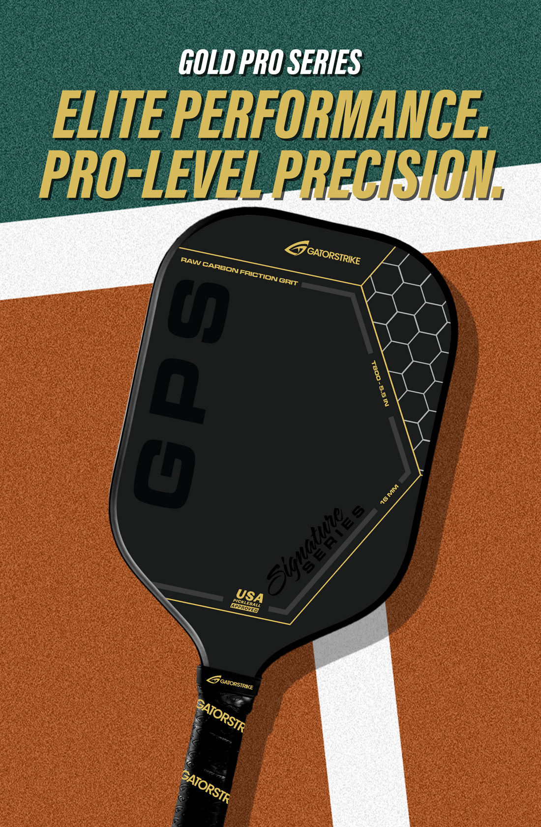 Black GatorStrike pickleball paddle on a vibrant court, with bold gold text and a nod to the GatorStrike pickleball manual.