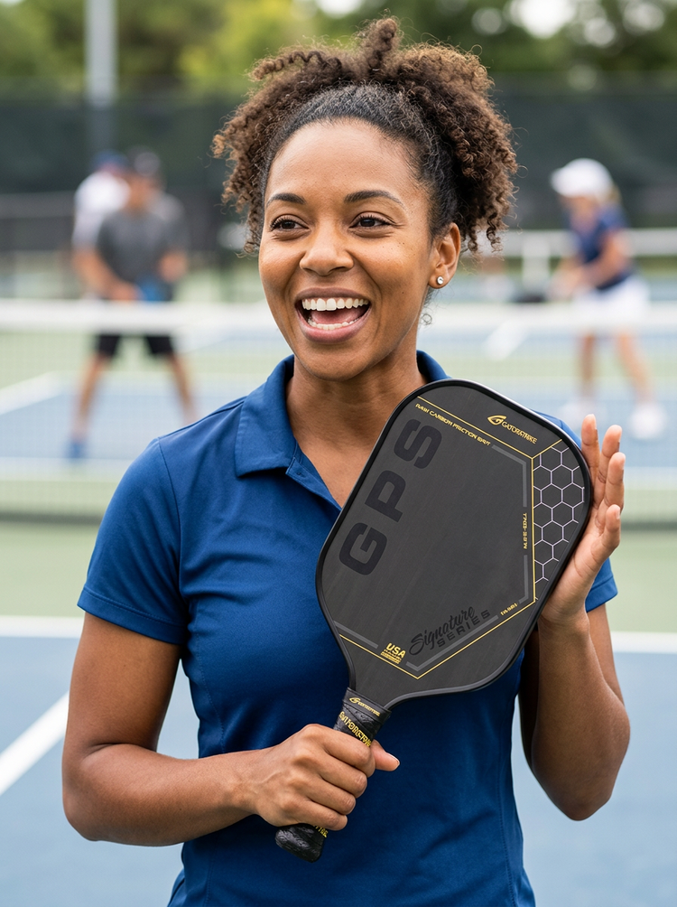 Smiling woman in a blue polo shirt holds a pickleball paddle with a pickleball rulebook on an outdoor court.