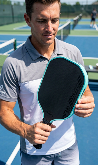 A man in a gray and white shirt stands on a court, inspecting his GatorStrike pickleball manual.