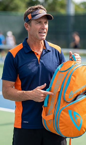 A man in a blue and orange shirt holds an orange bag and gestures, standing on an outdoor court with a pickleball manual.