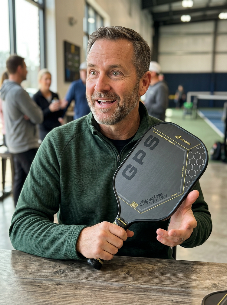 Smiling man in green jacket holds a black pickleball paddle indoors, referencing the official pickleball rules.