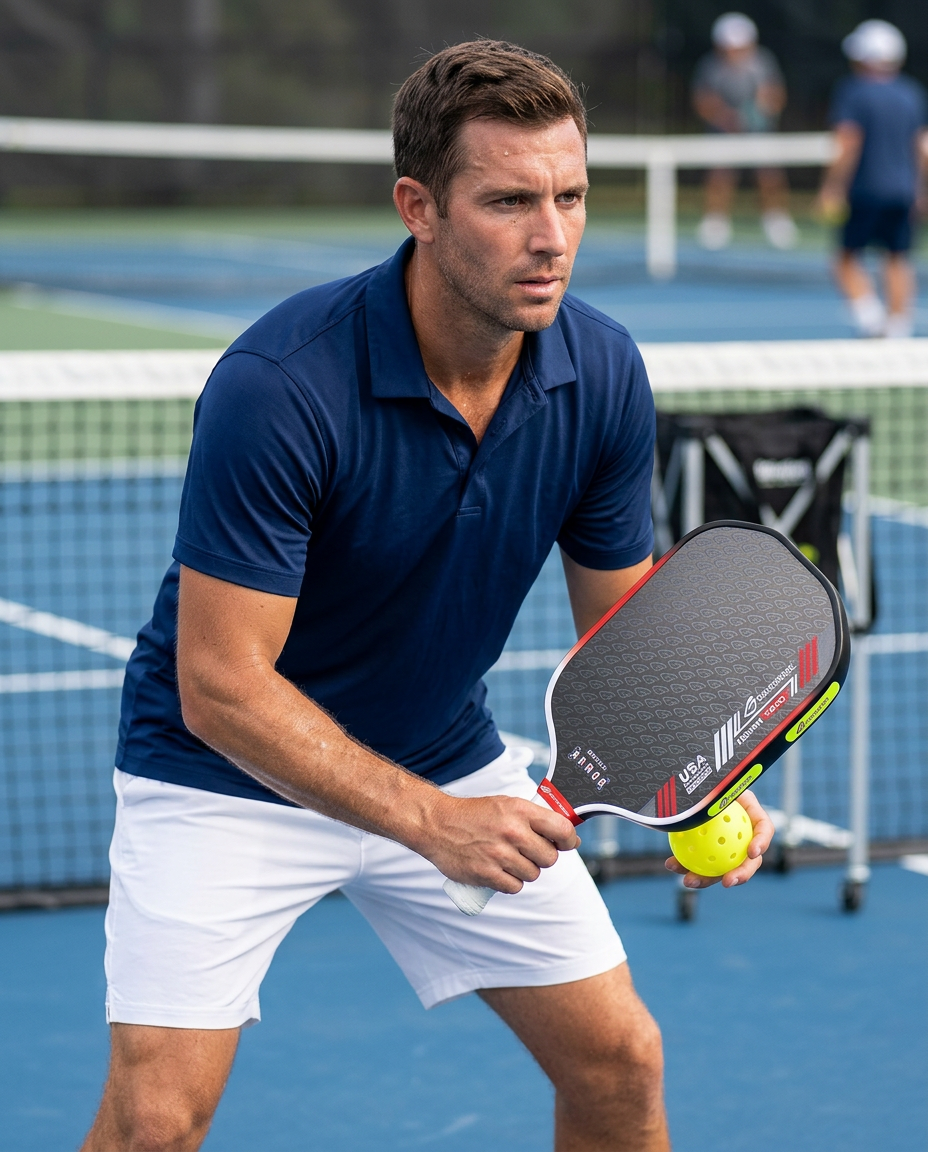 Man in a navy shirt and white shorts holds a pickleball paddle and ball, ready to play by the official pickleball rules.