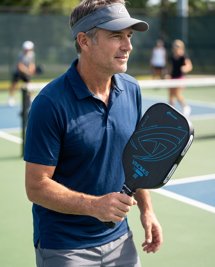 Middle-aged man in blue shirt and visor holds a GatorStrike pickleball manual on an outdoor court, ready to play.