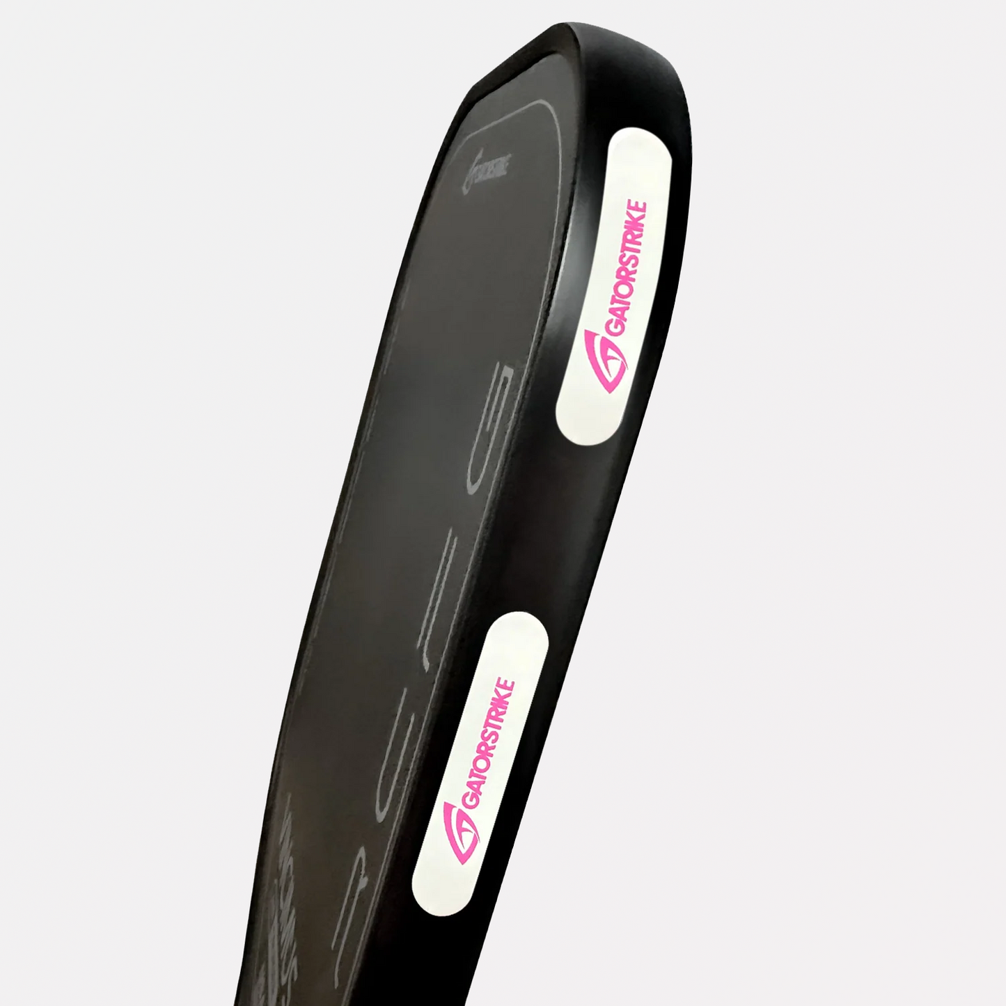 A black rectangular kick shield with white side panels, featuring the pink Gainorstrike logo and paddle resistance design.
