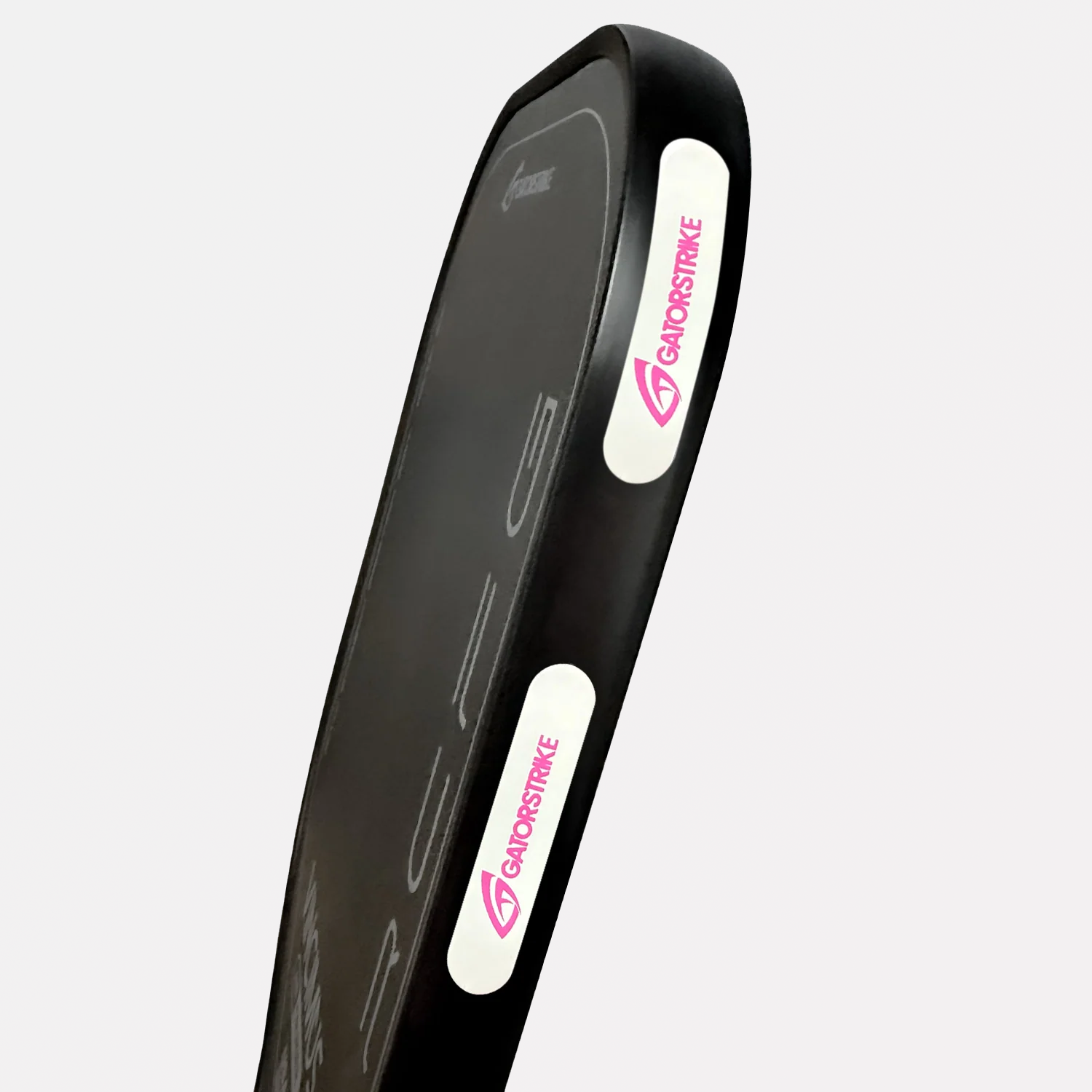 A black rectangular kick shield with white side panels, featuring the pink Gainorstrike logo and paddle resistance design.