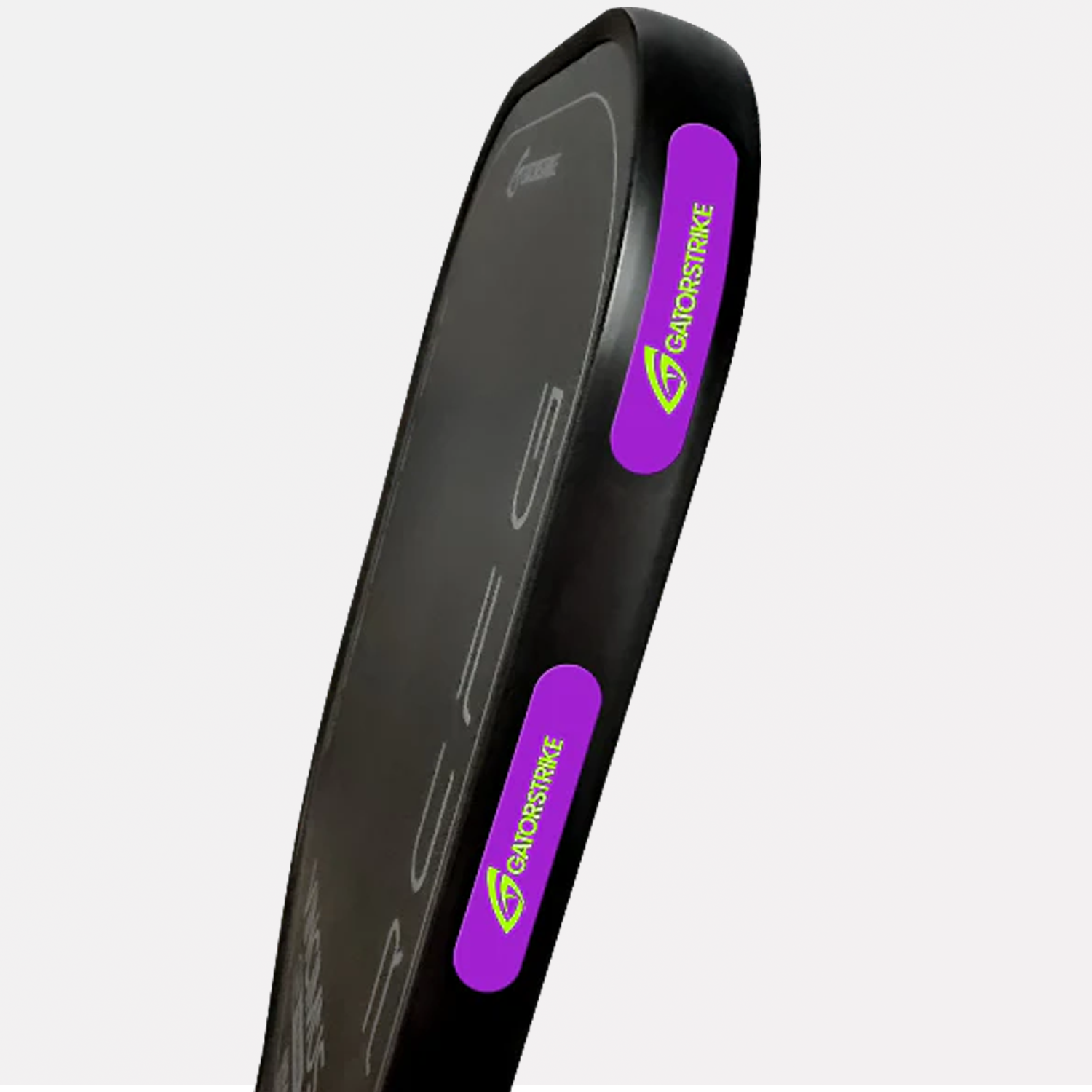 Black cricket bat edge with two purple and green Gamokstrike brand stickers and training weights on a white background.