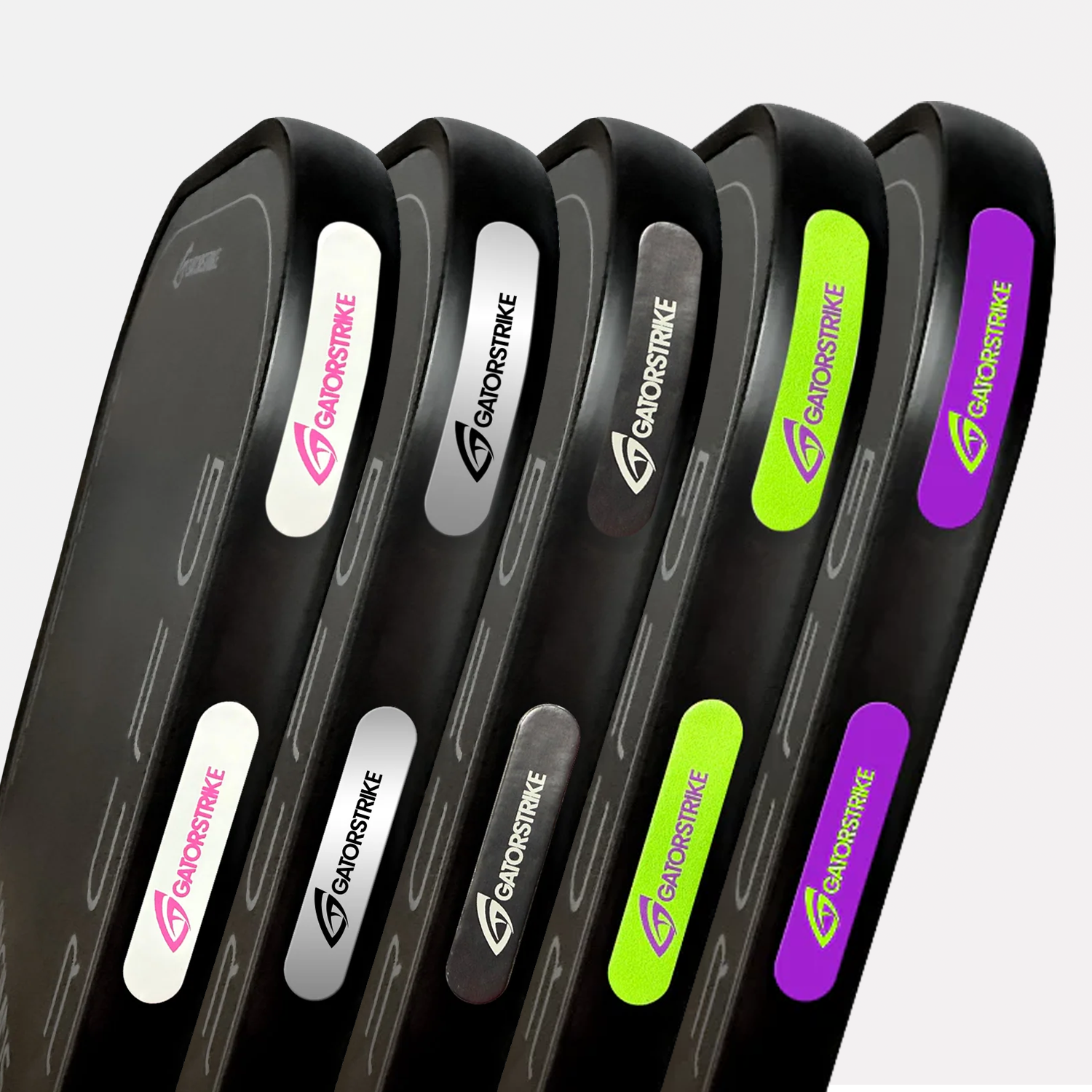 Six black cricket bats upright, each with a colored GHOSTRIDER logo, perfect for build stronger swings and using training weights.