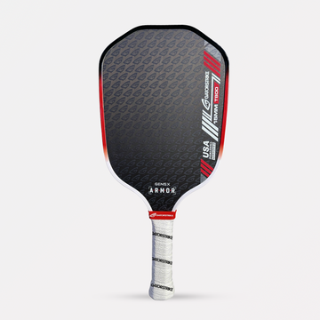 A black and red pickleball paddle with a white grip and GS Armor branding, ideal for competitive players seeking court dominance.