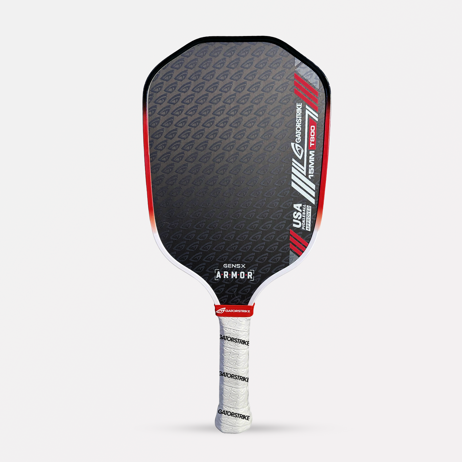 A black and red pickleball paddle with a white grip and GS Armor branding, ideal for competitive players seeking court dominance.