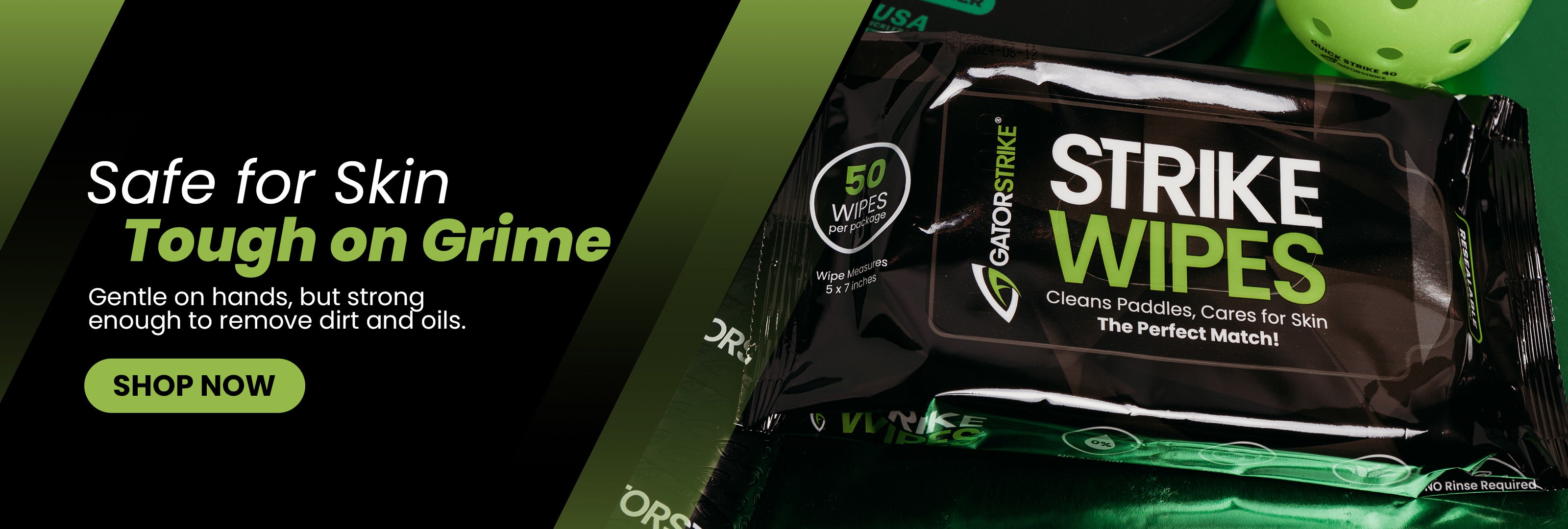 A package of GatorStrike Strike Wipes sits among sports gear. Text reads: “Safe for Skin, Tough on Grime. Gentle on hands, but strong enough to remove dirt and oils.” A green “Shop Now” button appears below the text.