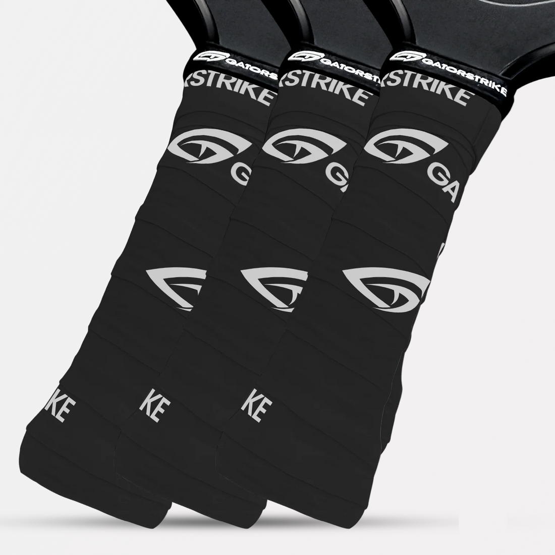Three black GatorStrike-branded handles are shown side by side, featuring non-slip grip for superior sweat management.