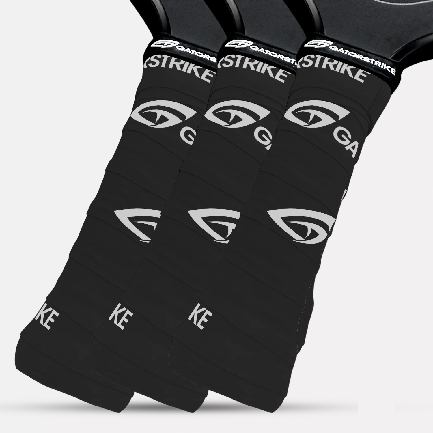 Three black GatorStrike-branded handles are shown side by side, featuring non-slip grip for superior sweat management.
