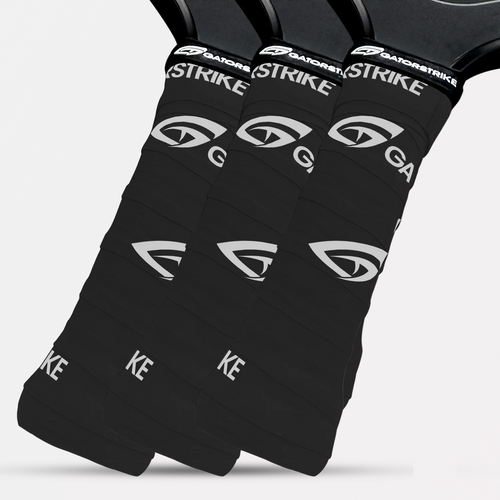 Three black GatorStrike-branded handles are shown side by side, featuring non-slip grip for superior sweat management.