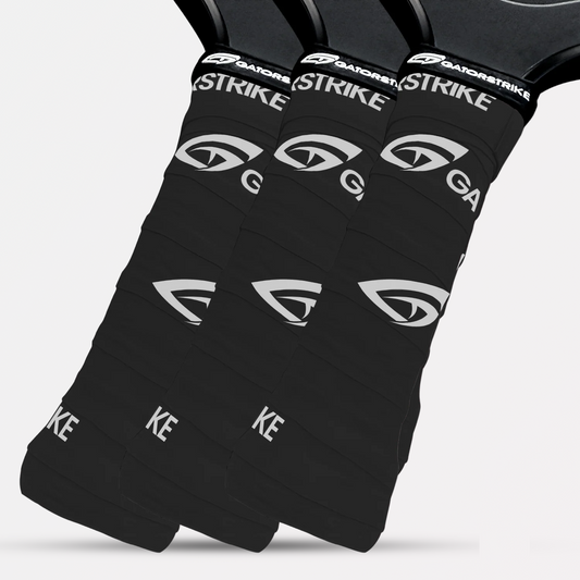 Three black GatorStrike-branded handles are shown side by side, featuring non-slip grip for superior sweat management.