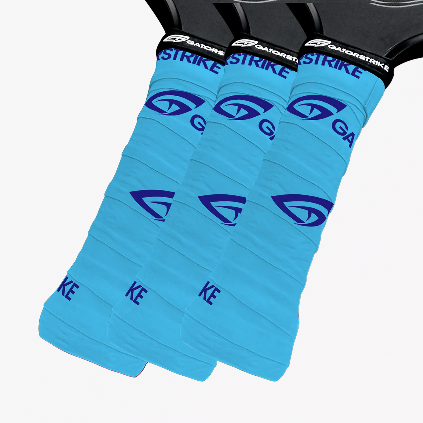 Three handles wrapped with bright blue GatorStrike grip tape, showing the GatorStrike logo and official pickleball rules.