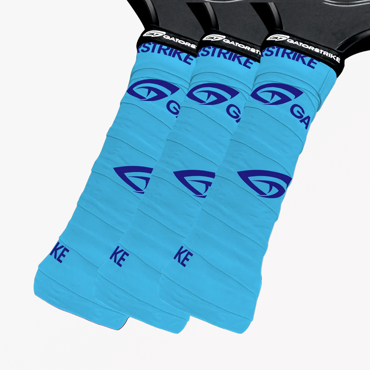 Three handles wrapped with bright blue GatorStrike grip tape, showing the GatorStrike logo and official pickleball rules.