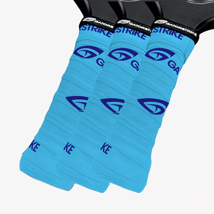 Three handles wrapped with bright blue GatorStrike grip tape, showing the GatorStrike logo and official pickleball rules.