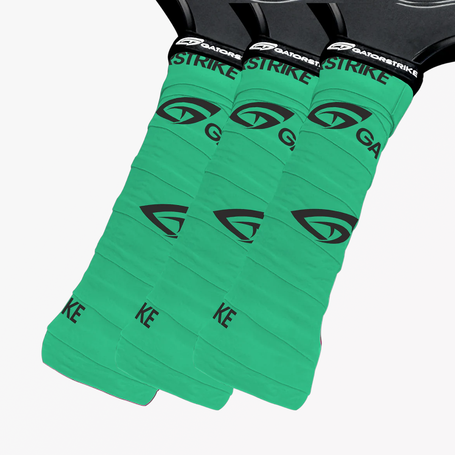 Three green GatorStrike grip tapes on black handles, each featuring a black logo and GatorStrike pickleball manual text.