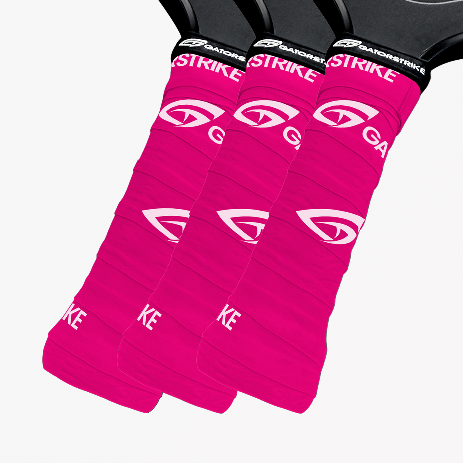 Three black-handled rackets with pink GatorStrike overgrips, inspired by the official pickleball rulebook design.