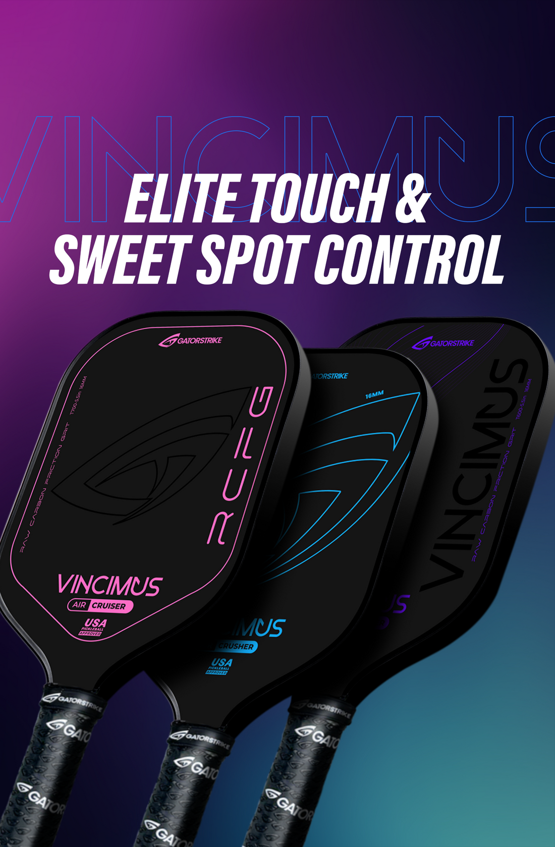 Three black pickleball paddles with colored accents; Elite Touch & Sweet Spot Control—includes GatorStrike pickleball manual.