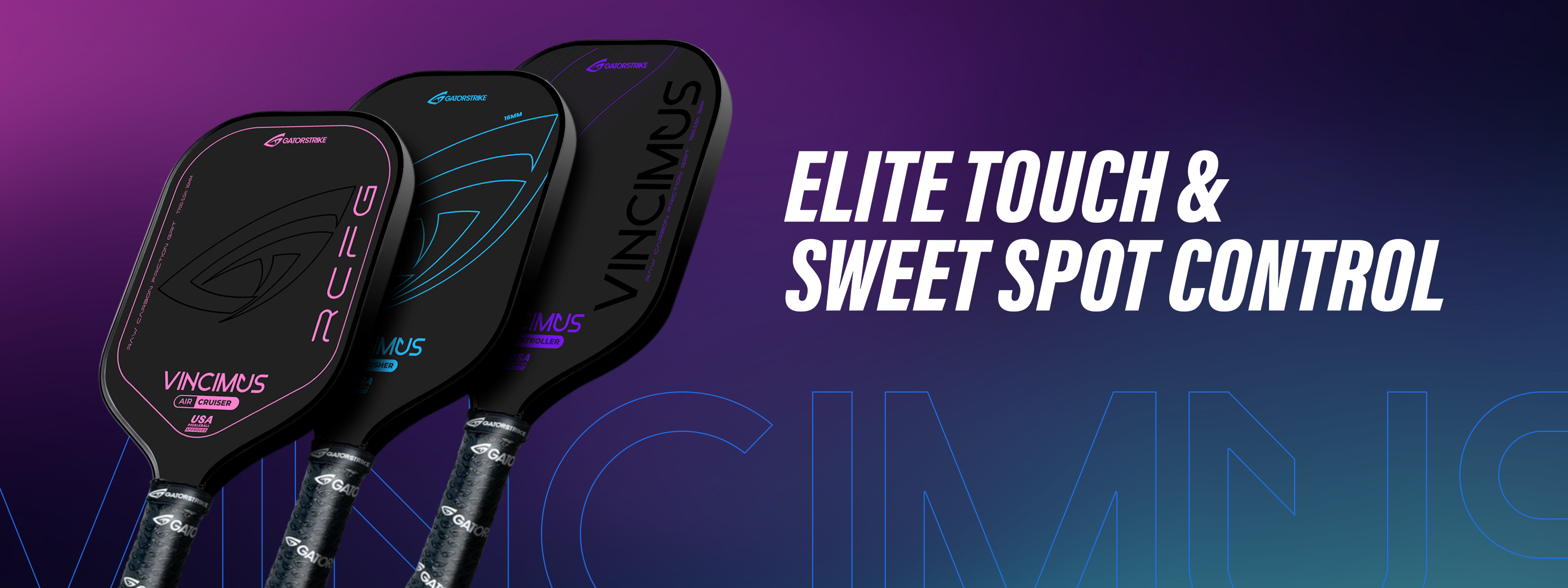 Three VINCIMUS pickleball paddles on a blue-purple gradient with “ELITE TOUCH & SWEET SPOT CONTROL”—perfect for official pickleball rules.