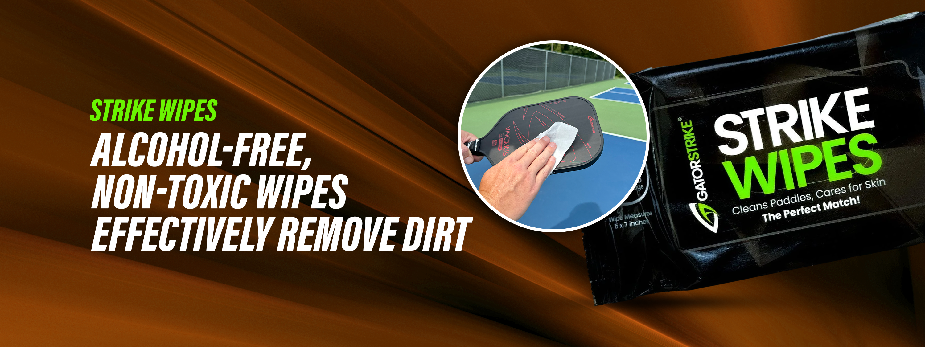 Black packet of STRIKE WIPES; inset shows hand cleaning a paddle—ideal for following the official pickleball rules.