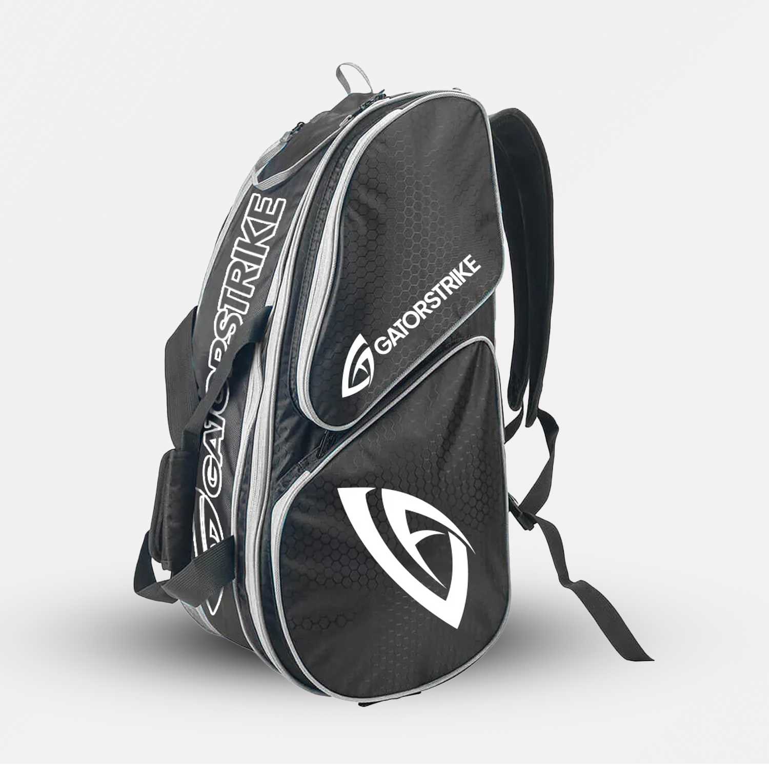 Black Gatorstrike World Tour Backpack with white logo, travel-ready design, and multiple zippered compartments.